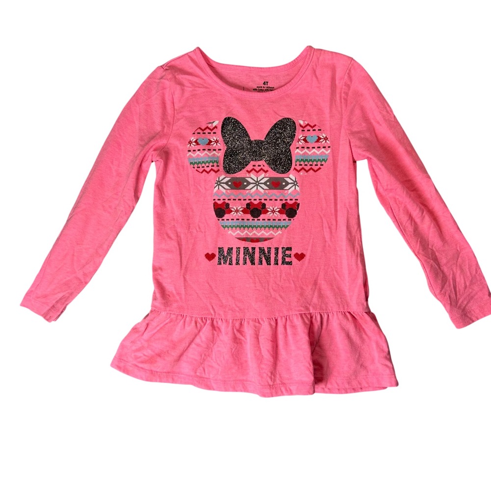 Disney Minnie Mouse Long Sleeve Peplum Graphic T-Shirt Pink 4T Holiday Glitter